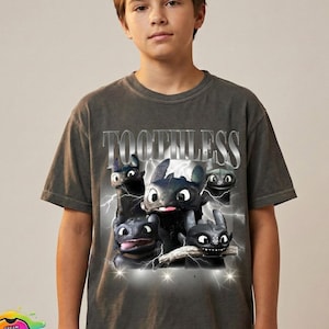 May include: Dark gray t-shirt featuring a graphic of Toothless from How to Train Your Dragon, with the word "TOOTHLESS" above the image. The design includes multiple Toothless illustrations with lightning effects.