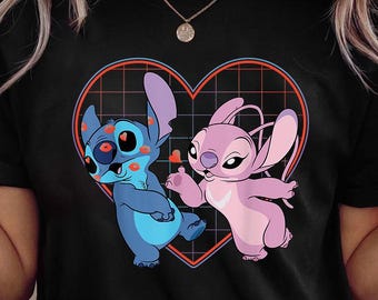 Vintage Disney Lilo and Stitch Angel Heart Kisses Tee, Retro Hawaiian Cartoon Shirt, Kids & Adult Cute Stitch Graphic T-Shirt, Perfect Gift.