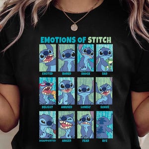 T-shirt vintage Disney Lilo e Stitch Emotions of Stitch Premium, maglietta con pannelli a scatola, maglietta retrò hawaiana, maglietta grafica per bambini e adulti