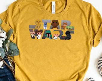 Vintage Star Wars Logo Kawaii Multi-Character Premium T-Shirt, Cute Star Wars Shirt, Disney+ Gift Tee,Cartoon Galaxy Shirt for Kids & Adults