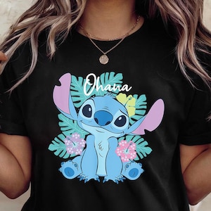 Vintage Lilo and Stitch Ohana Adorable Pose Floral Logo Tee, Retro Hawaiian Cartoon Shirt, Kids & Adult Cute Stitch Graphic T-Shirt.