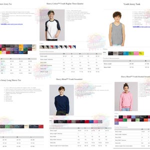 May include: Image featuring various youth apparel items, including t-shirts, raglan shirts, tank tops, long-sleeve tees, sweatshirts, and hooded sweatshirts. Each item is displayed with a young person wearing the garment, alongside color options and size charts.