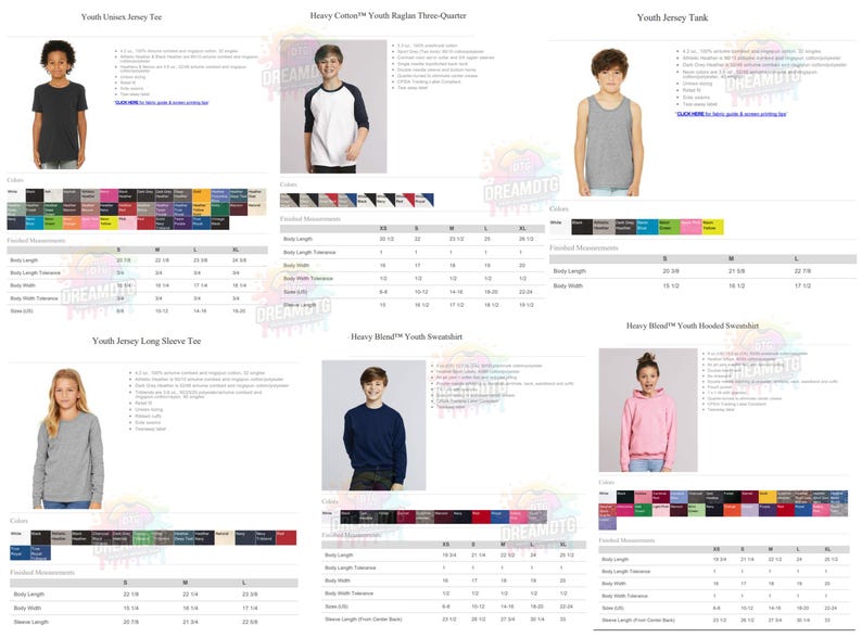 May include: Image featuring various youth apparel items, including t-shirts, raglan shirts, tank tops, long-sleeve tees, sweatshirts, and hooded sweatshirts. Each item is displayed with a young person wearing the garment, alongside color options and size charts.