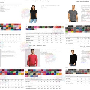 May include: A variety of t-shirts and sweatshirts in various colors are displayed. The image includes a Unsex Jersey Tee, Women's Relaxed Jersey T, Unisex Jersey V-Neck Tee, Heavy Blend Hooded Sweatshirt, Heavy Blend Sweatshirt, and Jersey Long Sleeve Tee.