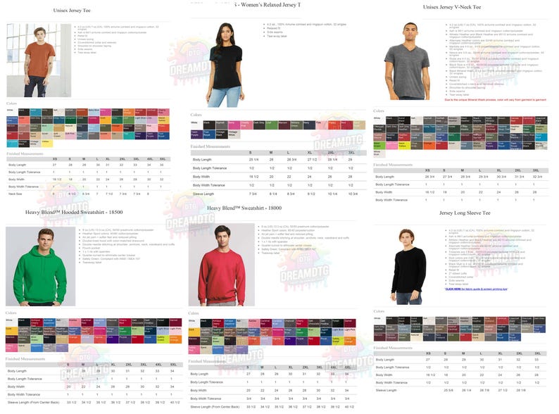 May include: A variety of t-shirts and sweatshirts in various colors are displayed. The image includes a Unsex Jersey Tee, Women's Relaxed Jersey T, Unisex Jersey V-Neck Tee, Heavy Blend Hooded Sweatshirt, Heavy Blend Sweatshirt, and Jersey Long Sleeve Tee.