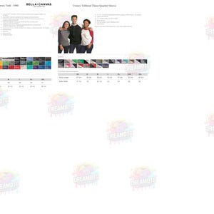 May include: A product catalog featuring Bella + Canvas tank tops and three-quarter sleeve shirts. The image includes color swatches, size charts, and models wearing the apparel. Measurements are in inches.