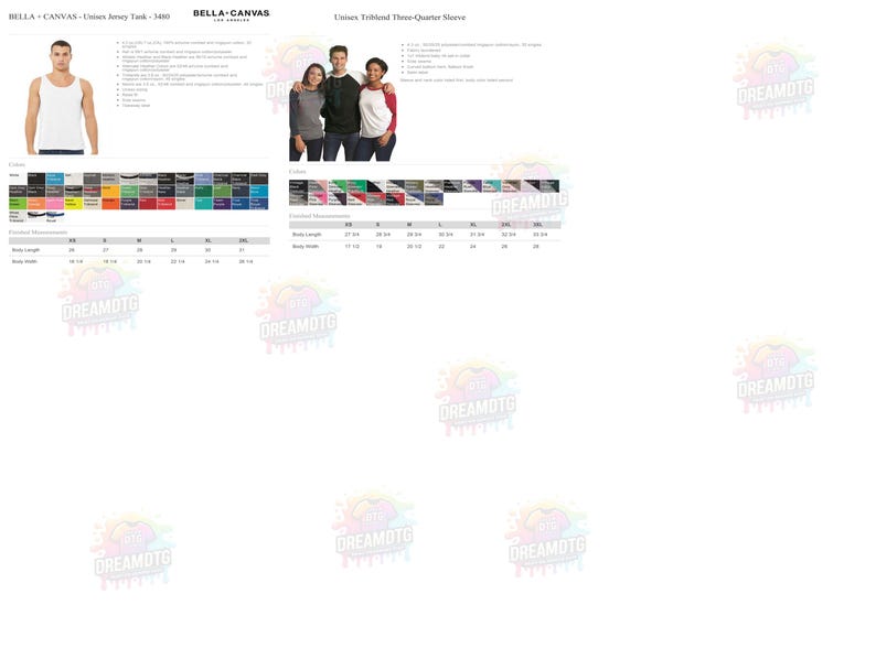 May include: A product catalog featuring Bella + Canvas tank tops and three-quarter sleeve shirts. The image includes color swatches, size charts, and models wearing the apparel. Measurements are in inches.