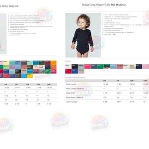 May include: Two infant bodysuits are shown, one short-sleeved and one long-sleeved. The short-sleeved bodysuit is black. The long-sleeved bodysuit is also black. Color swatches and size charts are included, with measurements in inches.