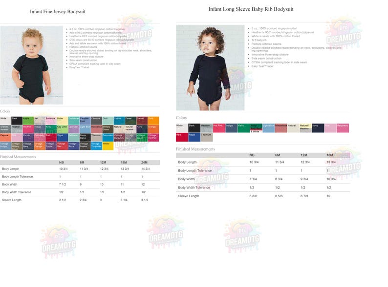 May include: Two infant bodysuits are shown, one short-sleeved and one long-sleeved. The short-sleeved bodysuit is black. The long-sleeved bodysuit is also black. Color swatches and size charts are included, with measurements in inches.