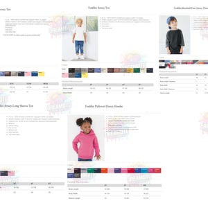 May include: A product catalog featuring children's apparel. The image displays various t-shirts and a hoodie, with color options and size charts. The items include a baby jersey tee, toddler jersey tee, toddler long sleeve tee, and a fleece hoodie.