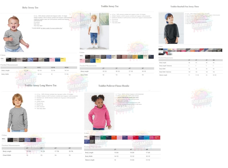 May include: A product catalog featuring children's apparel. The image displays various t-shirts and a hoodie, with color options and size charts. The items include a baby jersey tee, toddler jersey tee, toddler long sleeve tee, and a fleece hoodie.