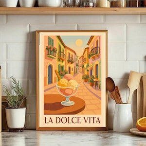 Italian Ice Cream Poster, Italian Street Scene Wall Art, La Dolce Vita Vintage Illustration, Printable Wall Art, Vintage Style Italian Decor