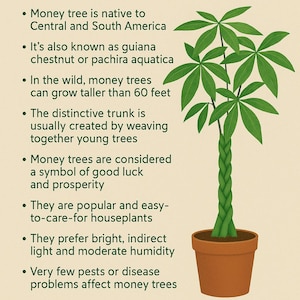 May include: A green money tree plant with a braided trunk in a brown pot. The plant is a popular houseplant and is said to bring good luck and prosperity.  "FUN FACTS ABOUT MONEY TREES" and "MONEY TREES MAKE AWESOME GIFTS!" are written in green text on the image.