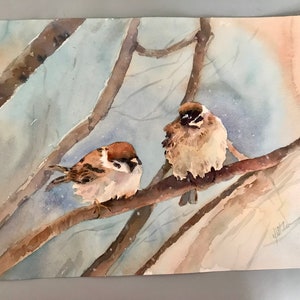 Original watercolor Sparrows, wall hanging art, wall decor, nursery room decor, bird lovers gift ,handmade watercolor,12x15 in, not a print