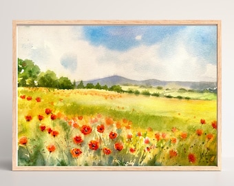Pintura de acuarela original de campo de amapolas, arte floral de pared, decoración de pared, paisaje de prado de amapolas, arte de campo florido, arte impresionista