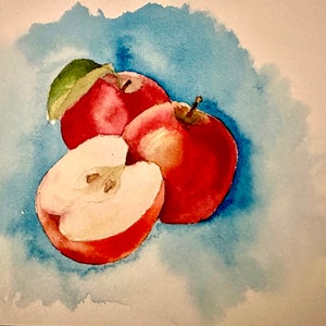 Dipinto originale ad acquerello di frutti di mela, dipinto ad acquerello di mele, decorazione da parete per cucina, acquerello originale
