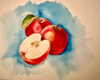 Apple fruits original watercolor painting, aquarelle apple painting, wall kitchen decor, aquarelle original
