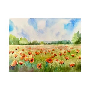 Original “12x8″ Watercolor Poppy Field – Nature Home Decor, country  cottage wall art, hand painted floral landscape, unique gift for her
