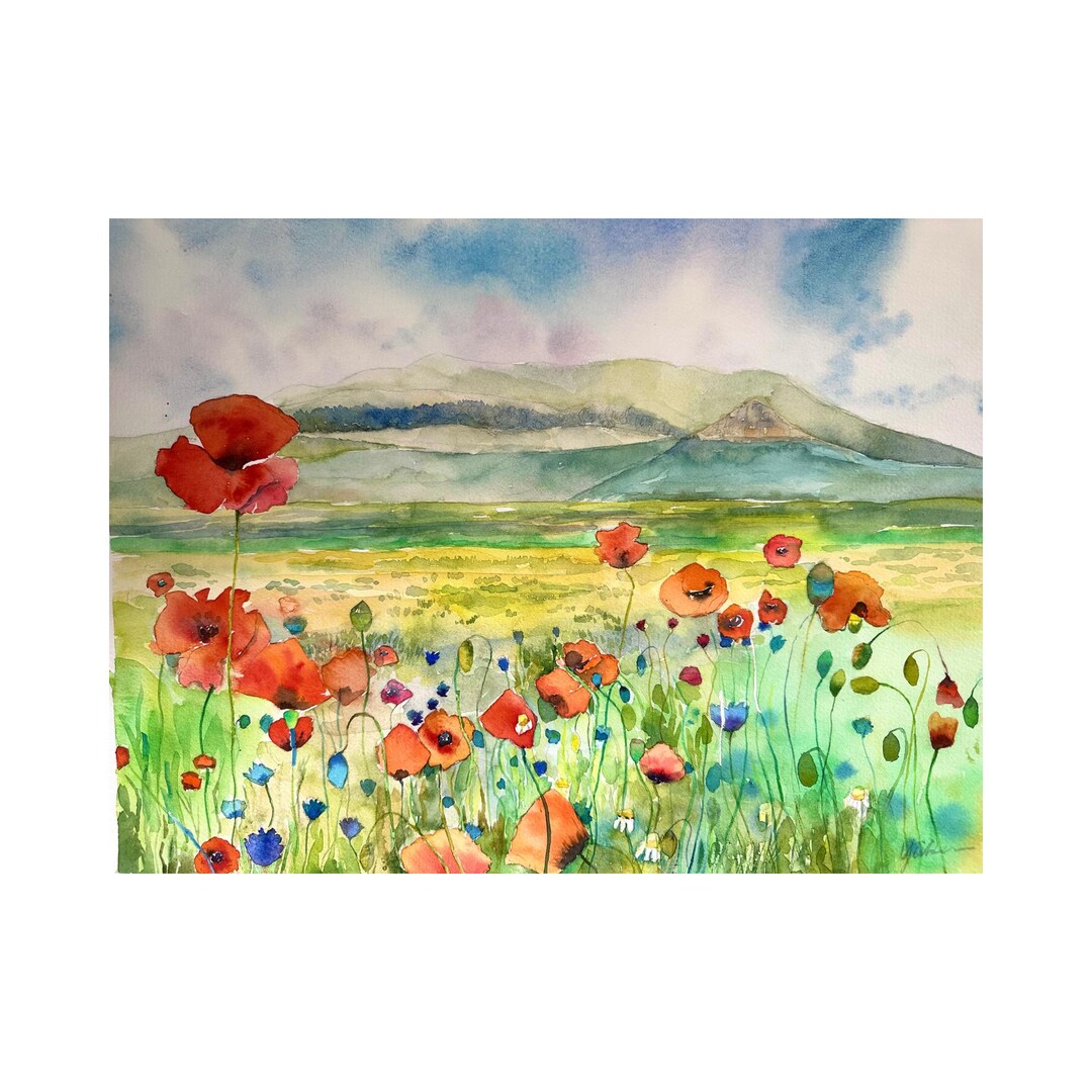 オリジナルの赤いポピーの水彩画 - 花の風景画（12 x 16インチ