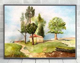 Peinture à l’aquarelle de paysage de campagne, art aquarelle original, aquarelle faite à la main, aquarelle originale, 12x16 po