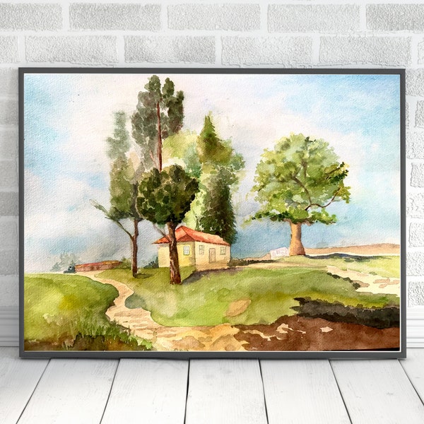 Countryside  landscape watercolor painting, original watercolor art, handmade watercolor, aquarelle original, 12x16 in