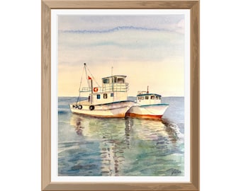 Original Watercolor Sea Landscape Painting, Fishing Boat Art (10x14)