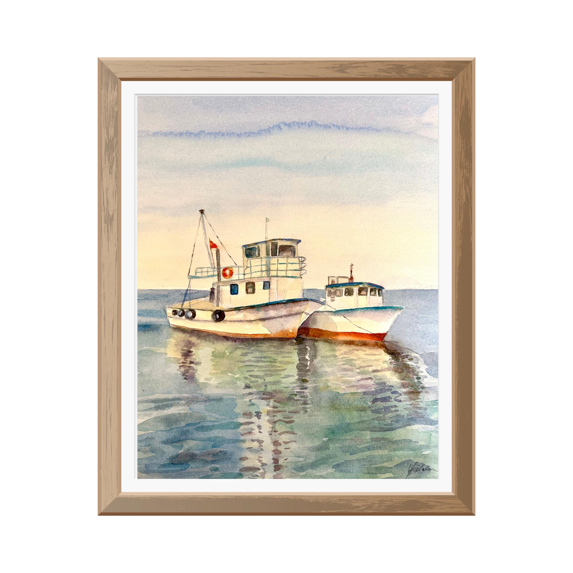 オリジナル水彩画、海の風景画、漁船アート（10x14） - Etsy 日本