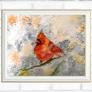 Kardinal Vogel Malerei, Original Aquarell, Weihnachtsaquarell, Wanddekor, Vogelkunst, Weihnachtsaquarell, 30 x 40 cm