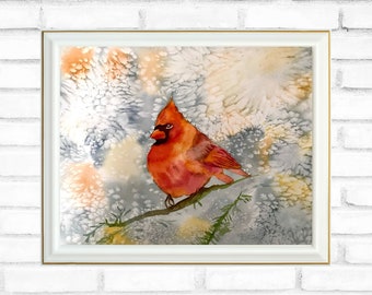 Cardinal bird painting,  original watercolor,  christmas watercolor,wall decor, bird art, christmas watercolor, 12x16 in