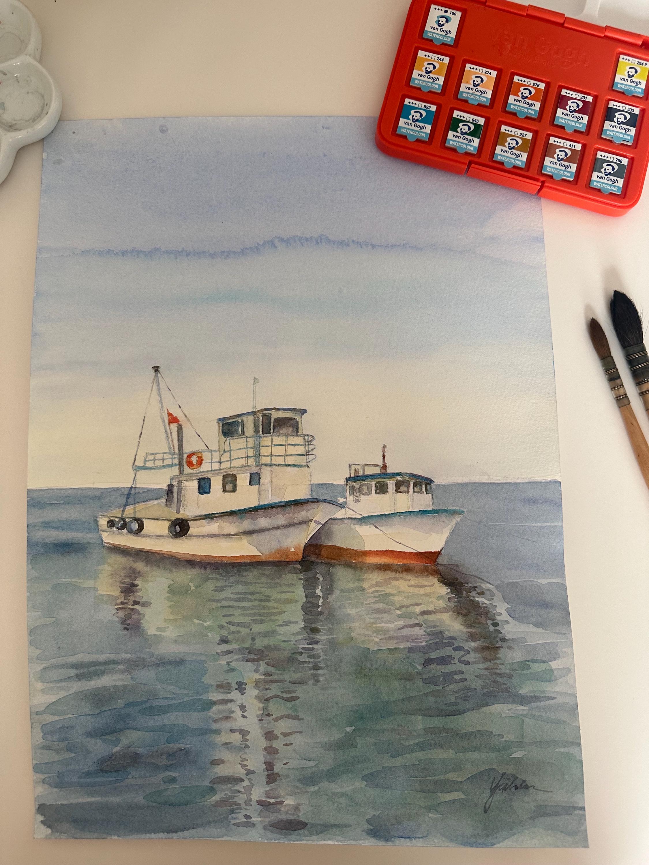 オリジナル水彩画、海の風景画、漁船アート（10x14） - Etsy 日本