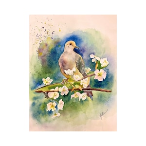 Dove with cherry blossom flowers, original watercolor painting, bird wall decor, bird lovers gift, 12x16 in