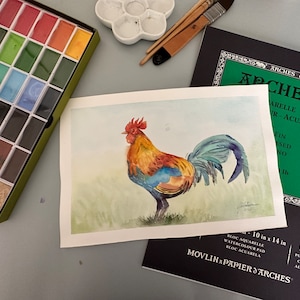 Gallo Dipinto originale ad acquerello, dipinto di gallo, decorazione da parete per cucina, arte animale, 8 x 12 pollici, decorazione da parete ad acquerello