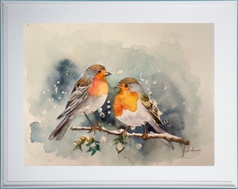 ロビン水彩鳥アート、オリジナル絵画 - Etsy 日本
