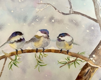 Spatzen im Winter Aquarell Malerei, Original Aquarell, Vögel Wanddekor, Vogel Liebhabergeschenk, 30x40 cm