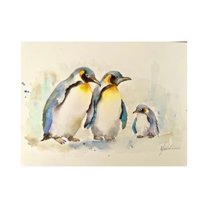 MOTHER'S DAY, Original Watercolor Penguin With Baby, Signed