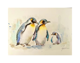 Acuarela original de una familia de pingüinos, decoración de pared para habitación infantil (8 x 12)