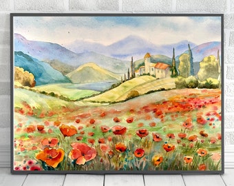 Campo di papaveri pittura ad acquerello originale, arte murale floreale, decorazione murale, paesaggio del prato di papaveri, arte della campagna fiorita, pittura di paesaggio