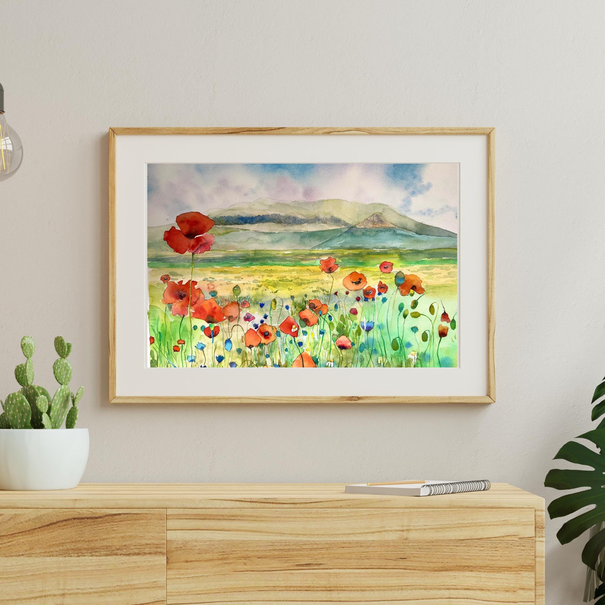 オリジナルの赤いポピーの水彩画 - 花の風景画（12 x 16インチ