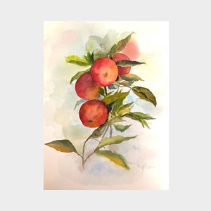 Frutta acquerello originale, mele acquerello originale, acquerello fatto a mano, dipinto ad acquerello originale, decorazione da parete per cucina, 10 x 14 pollici