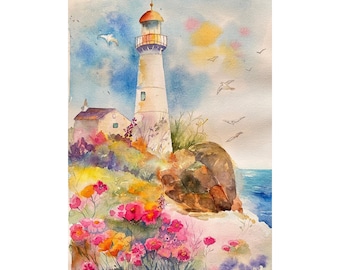 灯台オリジナル絵画水彩画、灯台の絵画、水彩画灯台、Pinetreeart