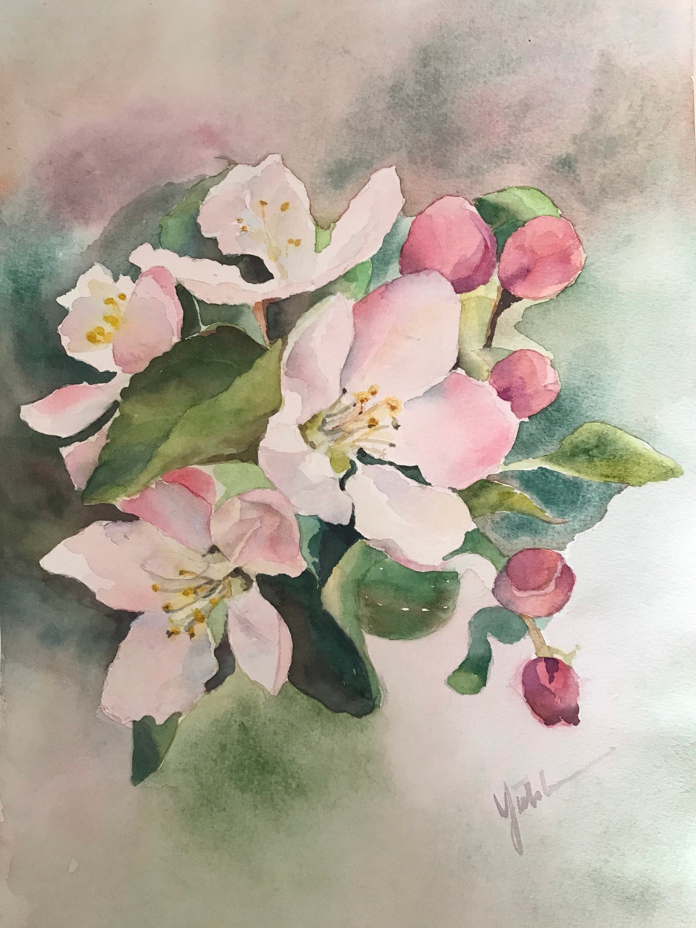 水彩画 春の花 ホームデコレーション、アートワーク オリジナル