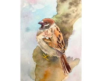 Sparrow original watercolor, wall hanging art, wall decor, bird lovers gift, nursery room decor, nature home decor, watercolor bird