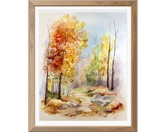 Pintura de acuarela de paisaje otoñal