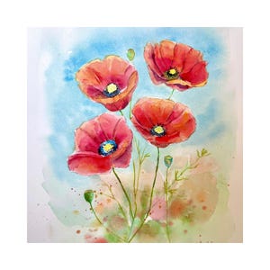 Poppies original watercolor painting, floral wall art, poppy wall decor , impressionist art, 10x14 in