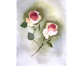 Pink Roses original watercolor painting , roses aquarelle, floral wall decor, floral art, aquarelle  original, mother day gift, 8x12 in