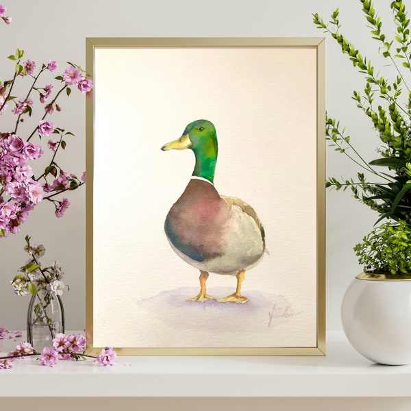 Mallard Duck watercolor painting, original watercolor, watercolor duck, handmade watercolor, duck wall decor, 10x14 in, animal wall art