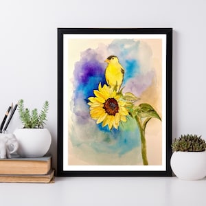 Sunflower with yellow bird, original watercolor painting, goldfinch bird wall decor, aquarelle original, summer gift, 10x14 in