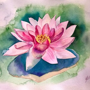 Lotus painting watercolor original , floral wall art, not a print, water lilies aquarelle, 12x16 in