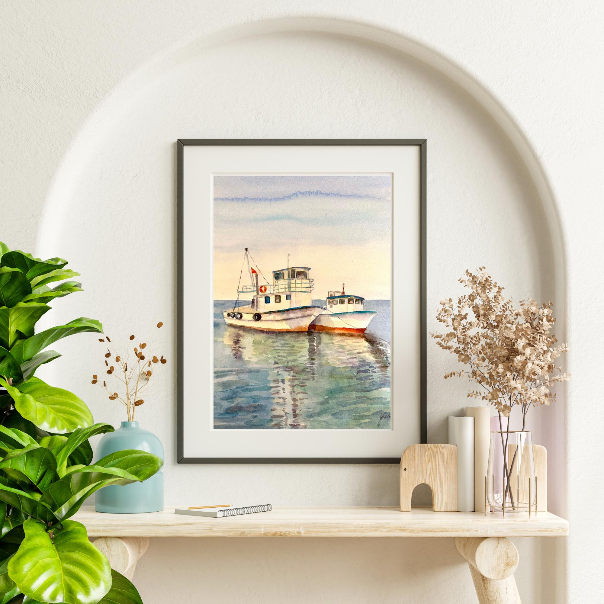 オリジナル水彩画、海の風景画、漁船アート（10x14） - Etsy 日本