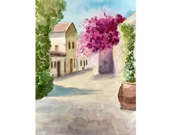 Peinture à l’aquarelle originale de paysage, peinture de paysage floral, aquarelle de bouganvilliers, décoration murale florale, aquarelle originale12x16 po